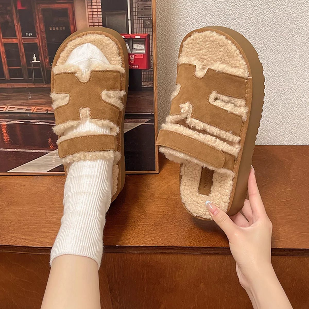 Fluffy Platform Velcro Slippers - Loving It Shop