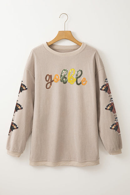 Smoke Gray Corded Ribbed Thanksgiving Turkey Sequin Patched Sleeve gobble Baggy Sweatshirt