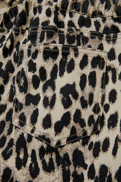 Brown Retro Leopard Print Lace - up Elastic Waistband Mid Rise Denim Shorts - Loving It Shop