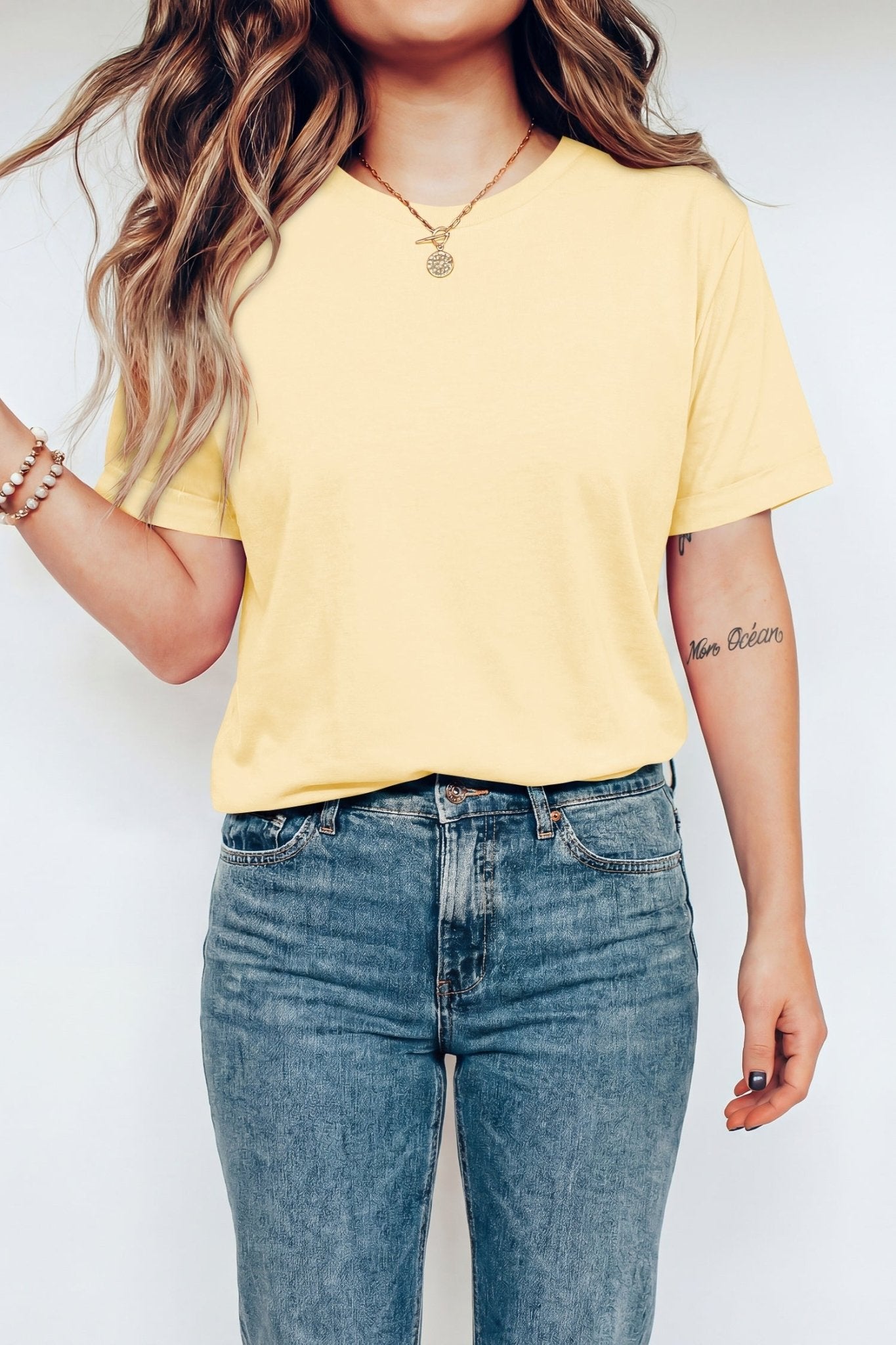 Yellow Cream Casual Plain Crew Neck Tee - Loving It Shop