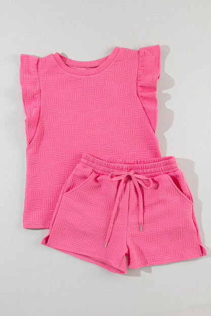 Bonbon Textured Ruffled Sleeve Tee and Drawstring Shorts Set