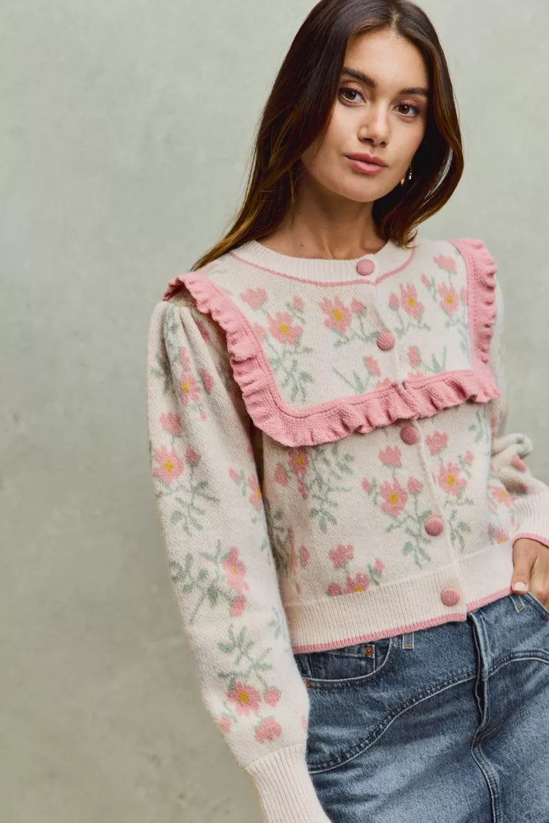 Flower With Ruffle Detailing Sweater Cardigan