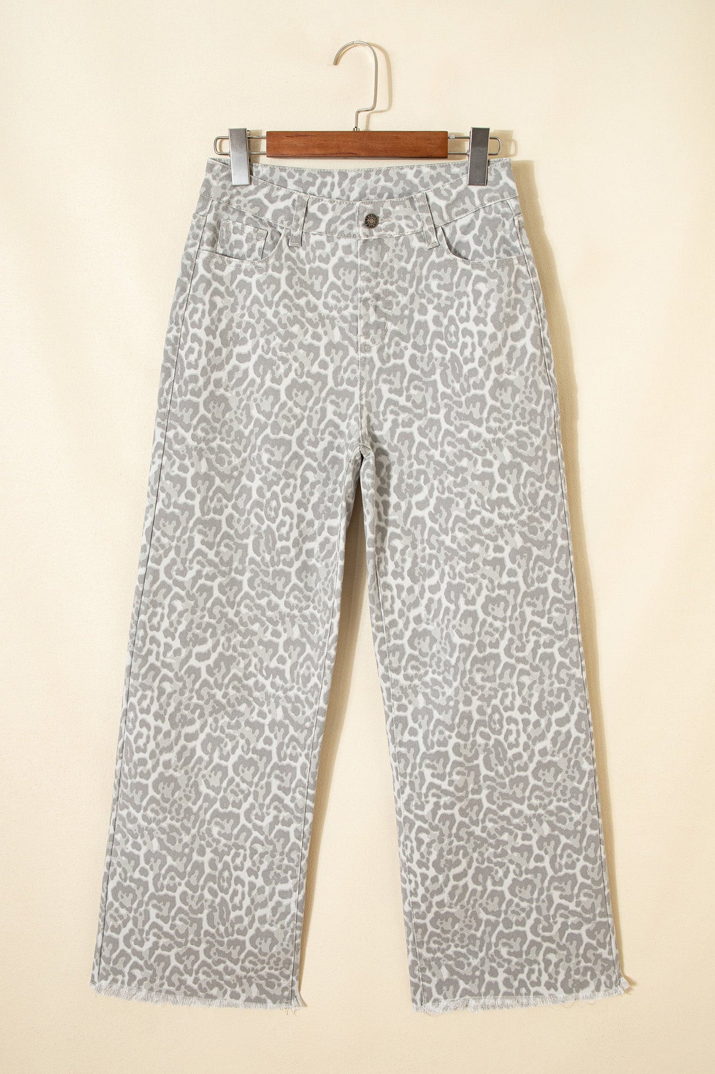 Gray Leopard Frayed Edge Wide Leg High Waist Jeans