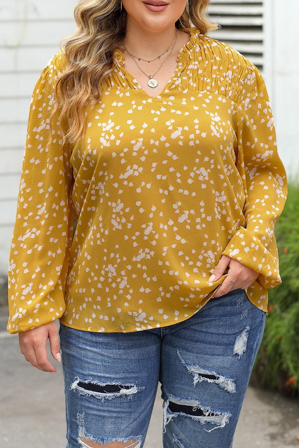 Yellow Plus Size Floral Print Ruched Split Neck Blouse - Loving It Shop