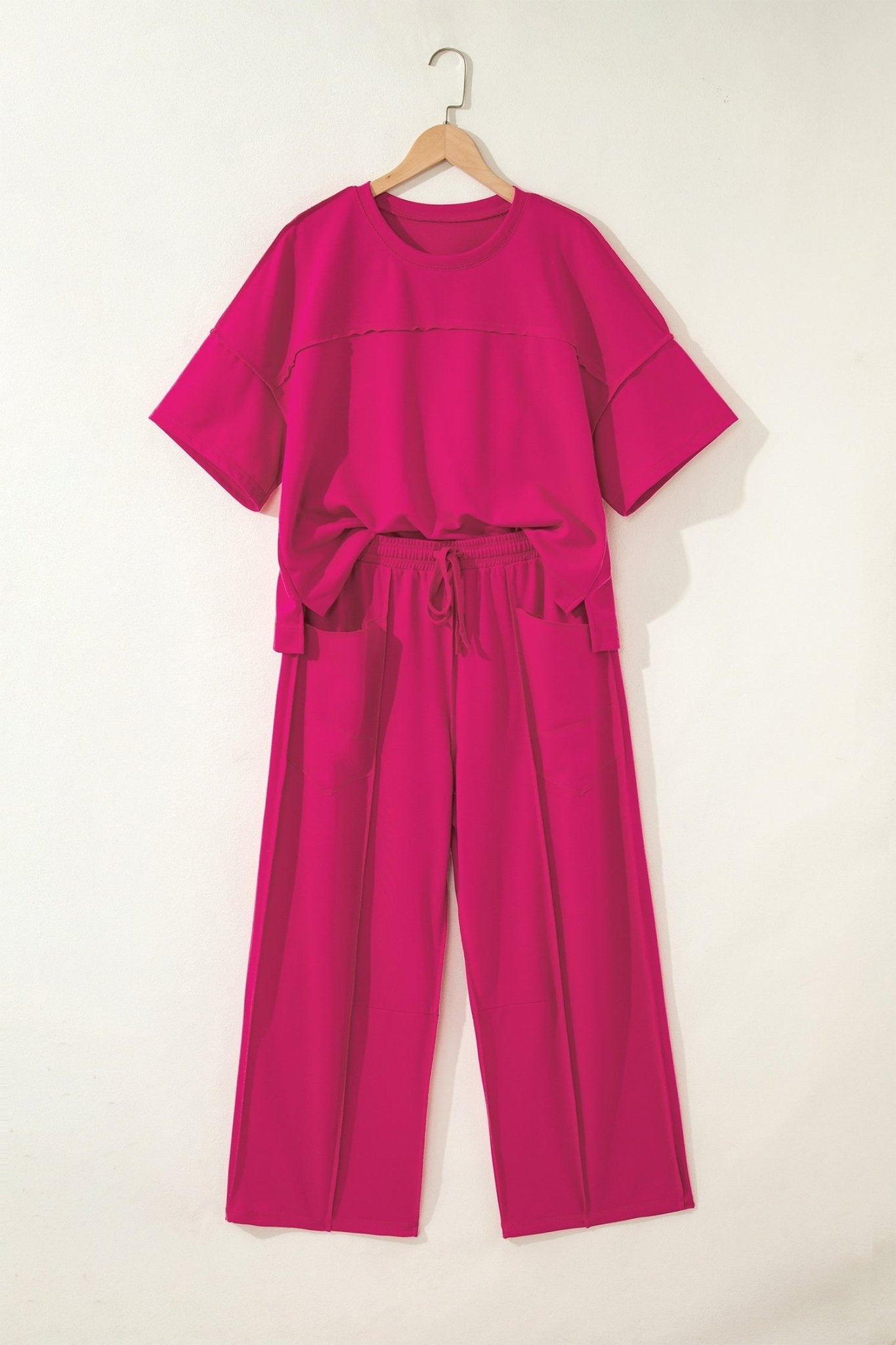 Rose Red Drop Shoulder Boxy Tee and Barrel Pants Set - Loving It Shop