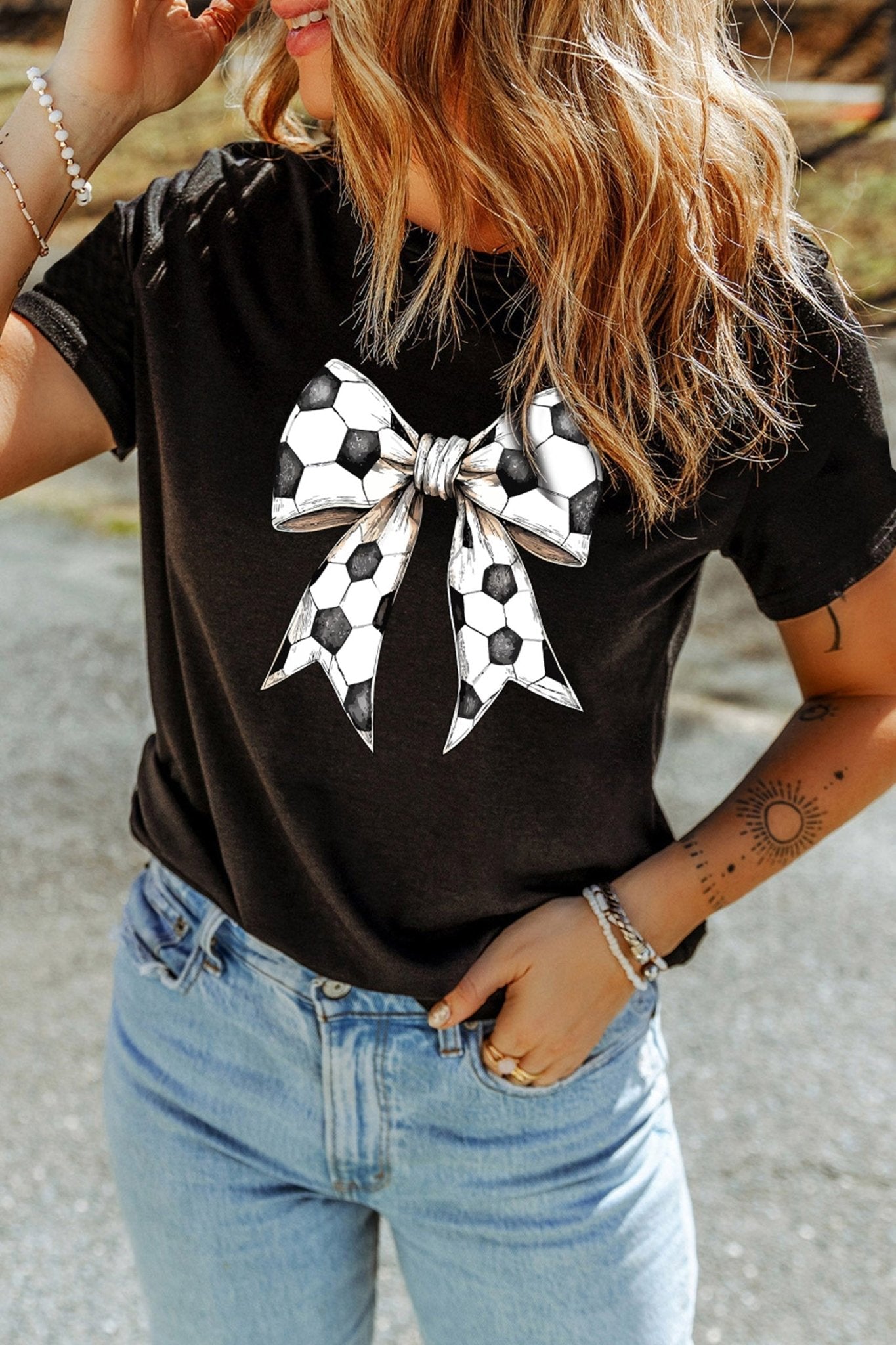 Black Soccer Bow Graphic Casual Summer Tee - Loving It Shop