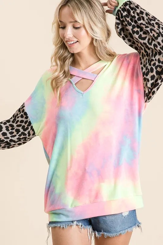 Tie Dye Terry Top with Leopard Puff Sleeves