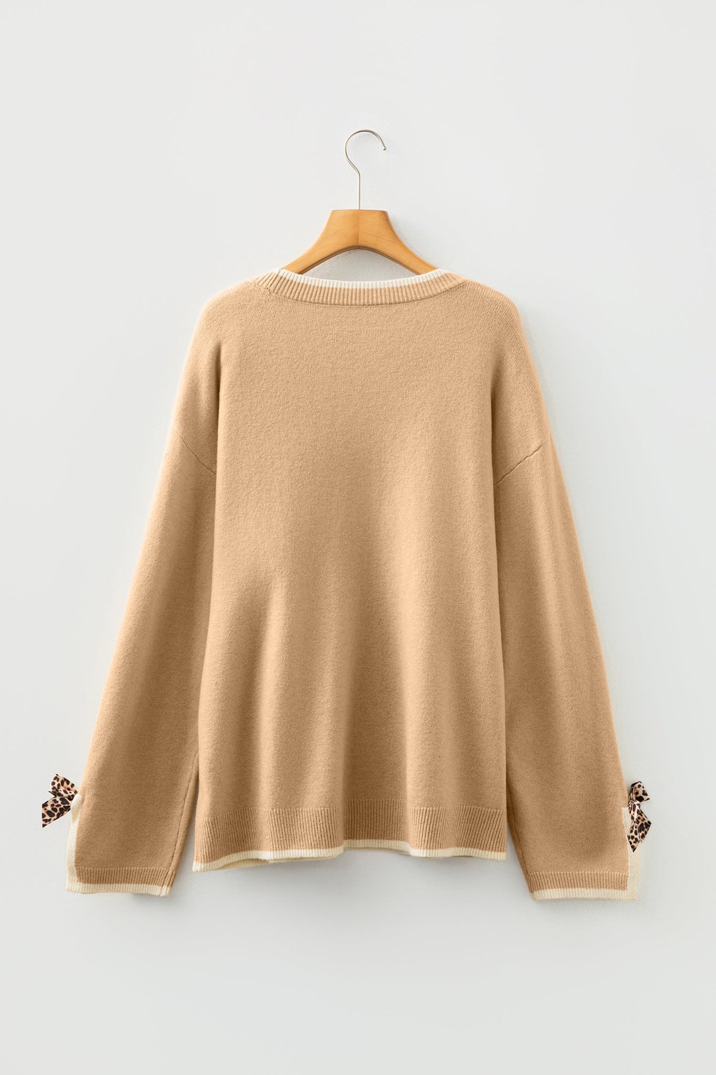 Tan Plus Size Leopard Bow Decor Split Cuffs Loose Sweater