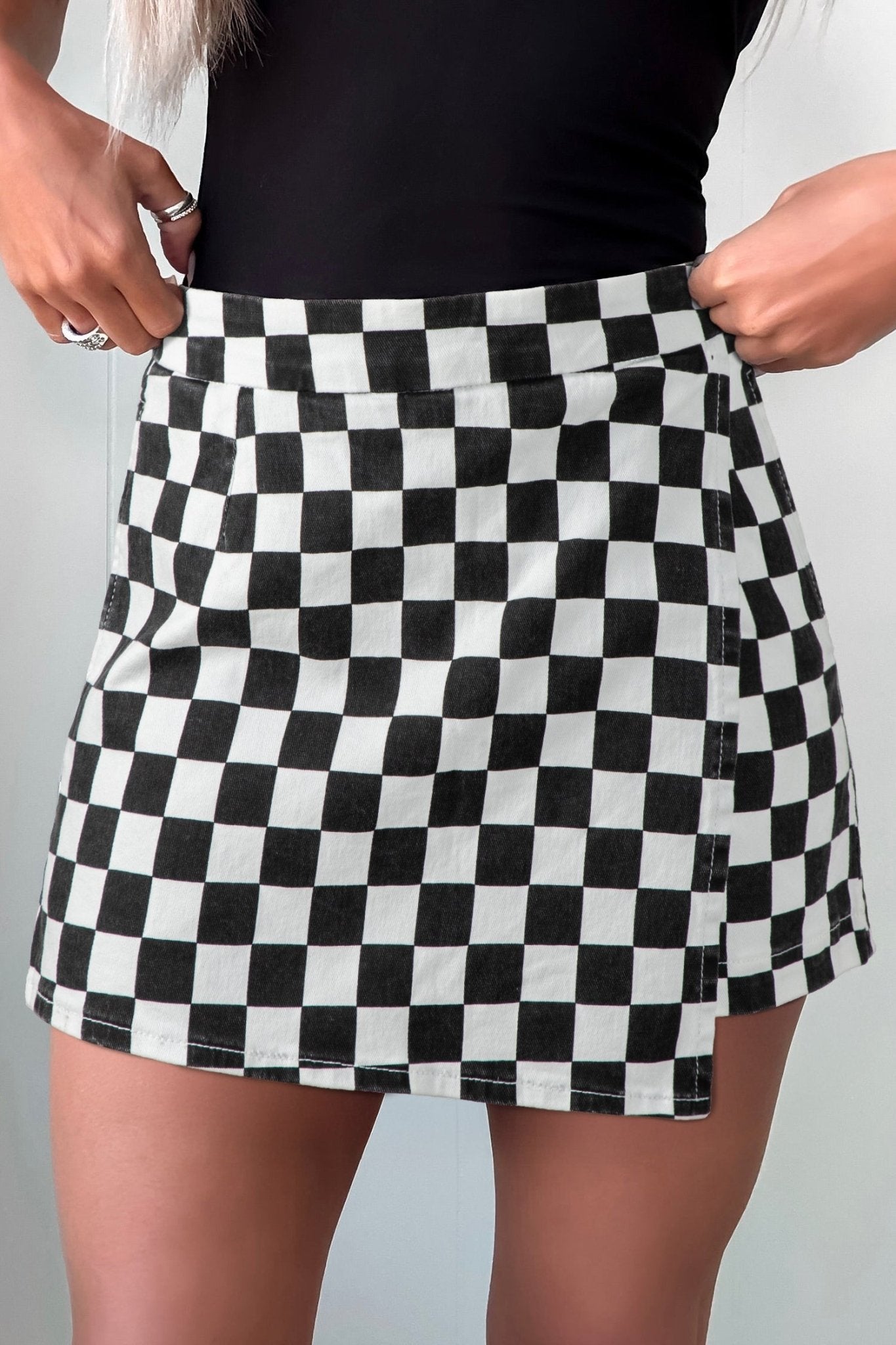 Black Checkered Print Overlap Denim Shorts - Loving It Shop