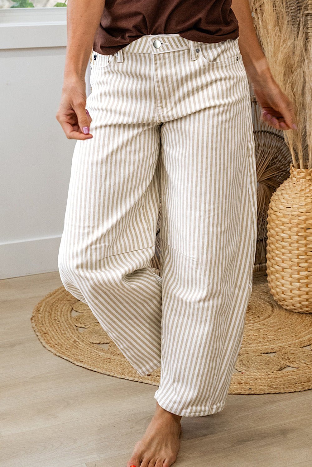 Khaki Stripe Casual Barrel Jeans - Loving It Shop
