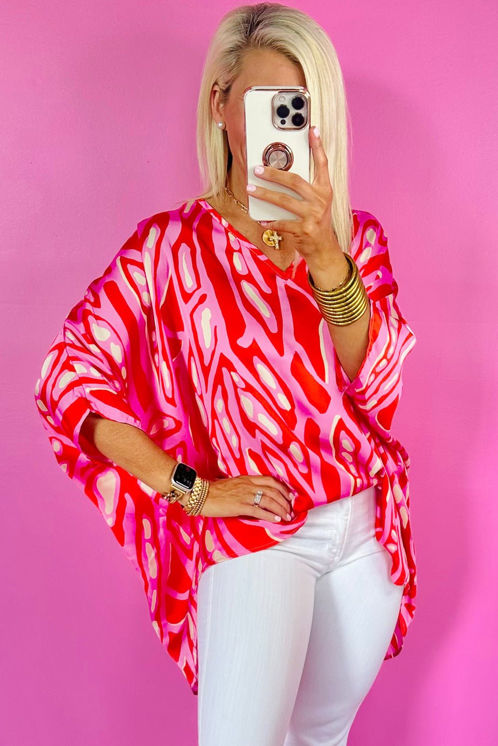 Red Abstract Print V Neck Batwing Sleeve Oversized Blouse - Loving It Shop