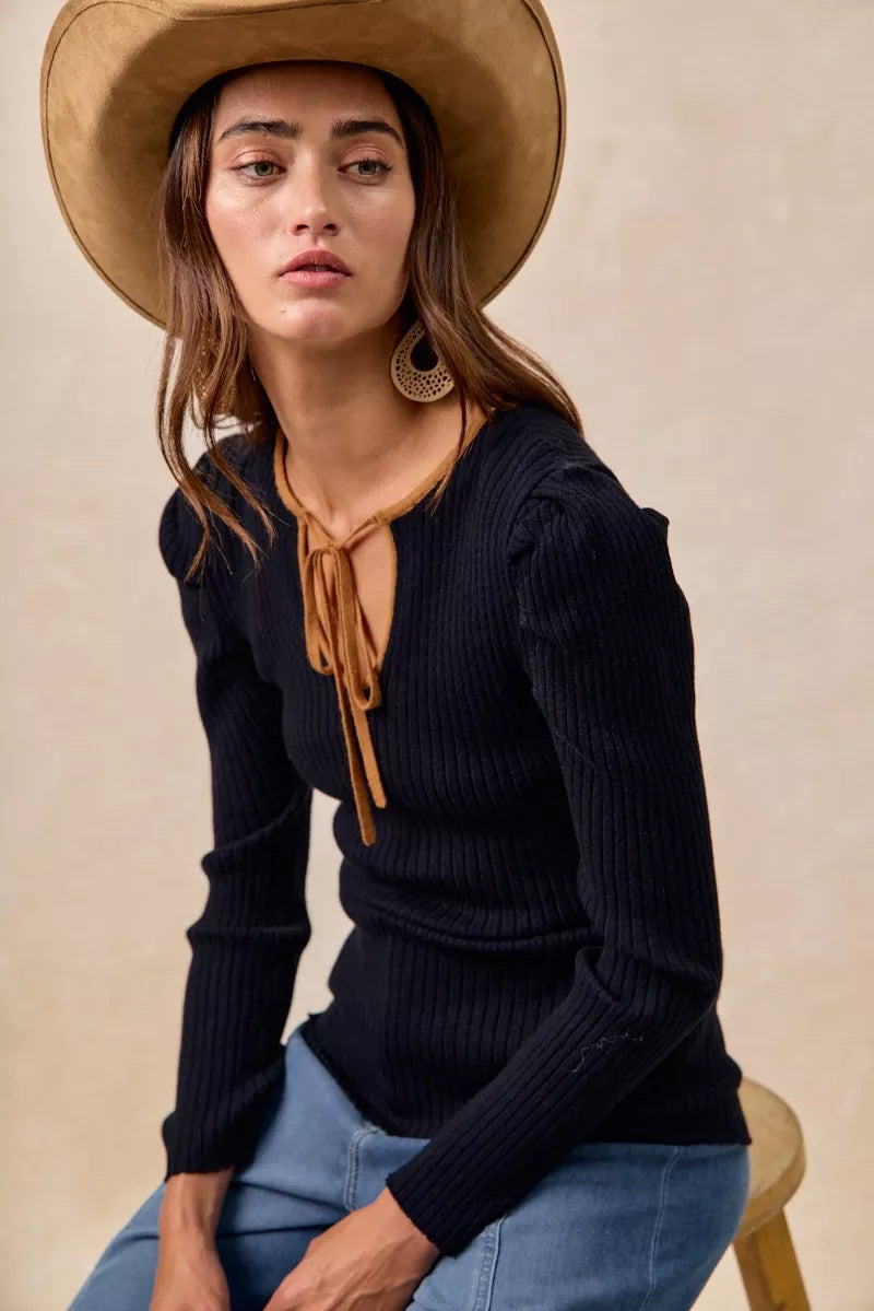 Ribbed Contrast Front Tied Top with Shrried