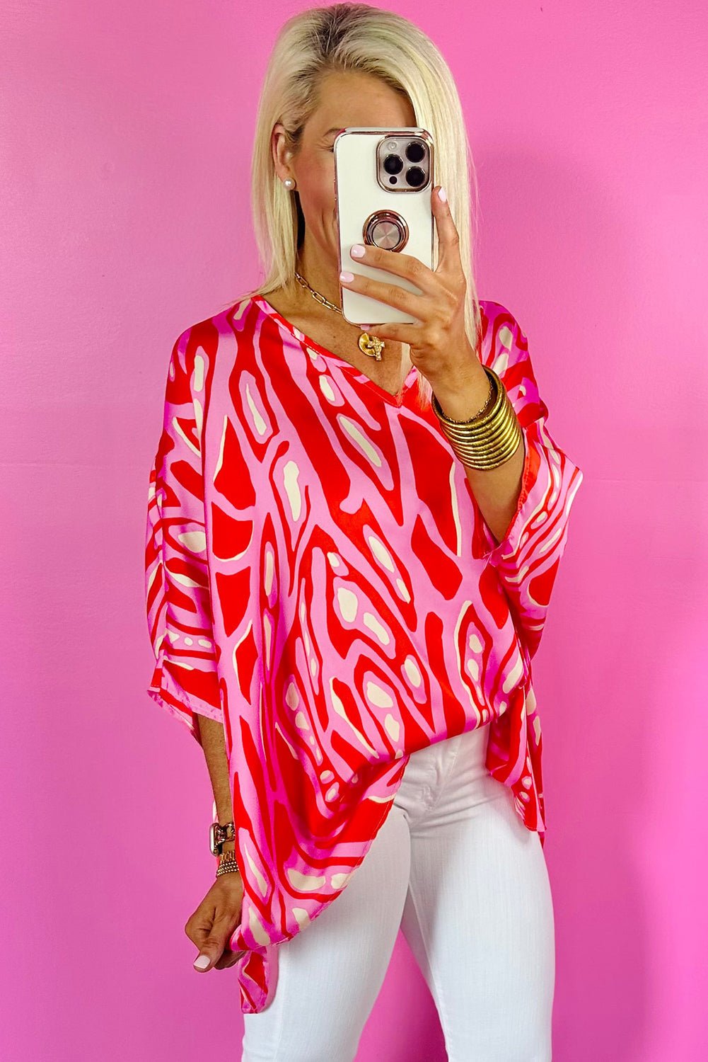 Red Abstract Print V Neck Batwing Sleeve Oversized Blouse - Loving It Shop