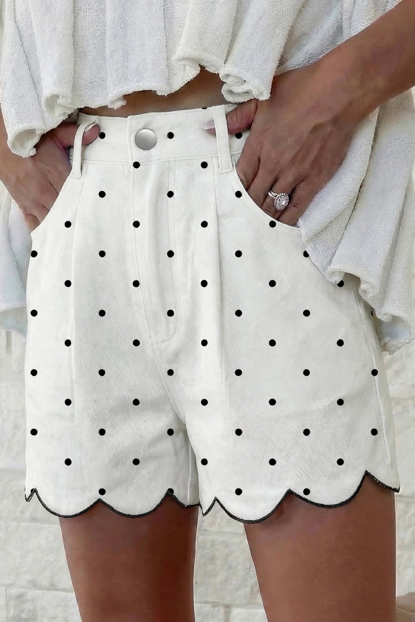 White Polka Dot Print Embroidered Scallop Hem Shorts - Loving It Shop