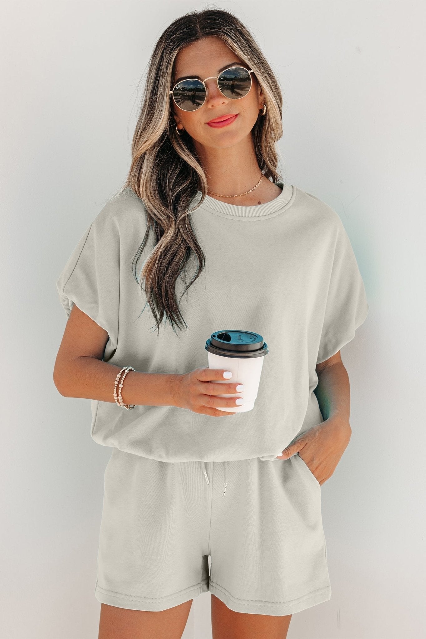 Smoke Gray Solid Color Puffy Loose Top Drawstring Shorts 2pcs Outfit - Loving It Shop