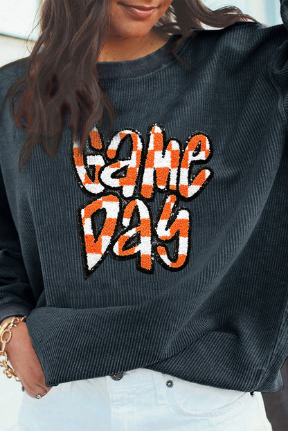Dark Grey Chenille Checkered Game Day Graphic Drop Shoulder Corded Sweatshirt