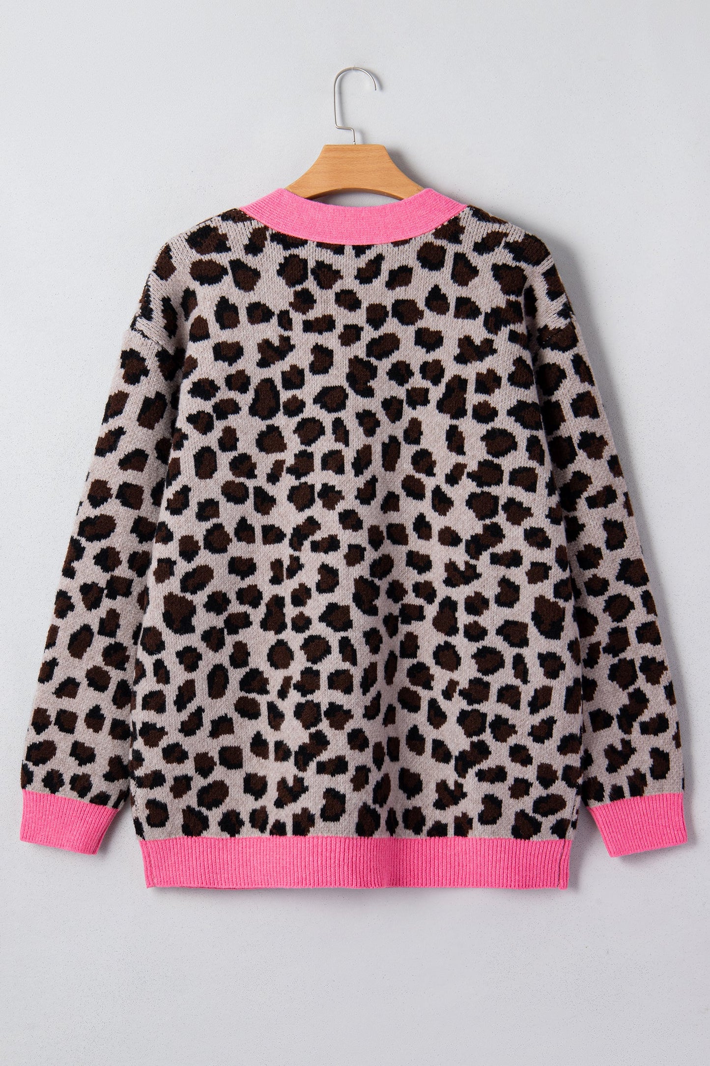 Khaki Oversize Color Block Trim Button Down Leopard Print Cardigan