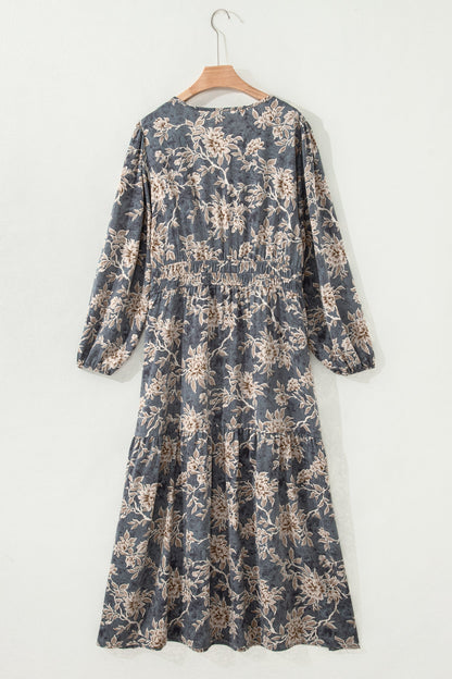 Sky Blue Plus Size Floral Print Split Neck Shirred High Waist Long Sleeve Maxi Dress