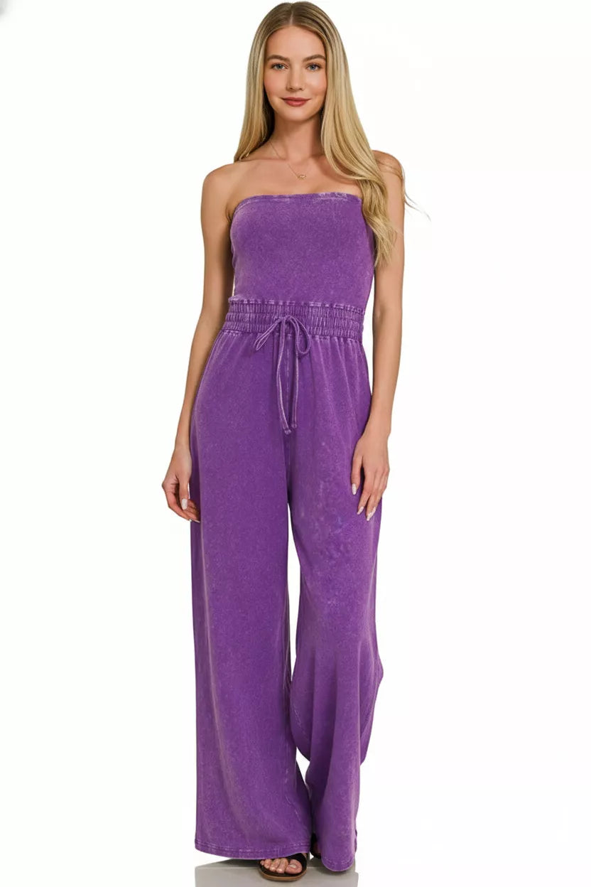 Acid Washed Strapless Tube Top Jumpsuit