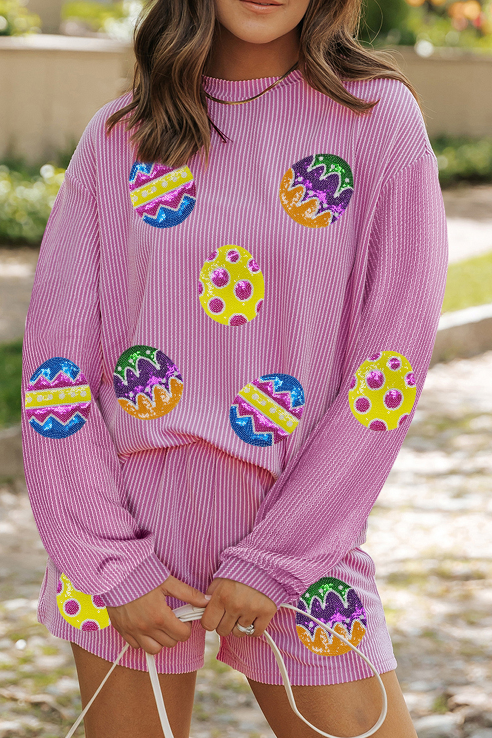 Phalaenopsis Easter Egg Patched Graphic Corded Long Sleeve Top Shorts Set - Loving It Shop