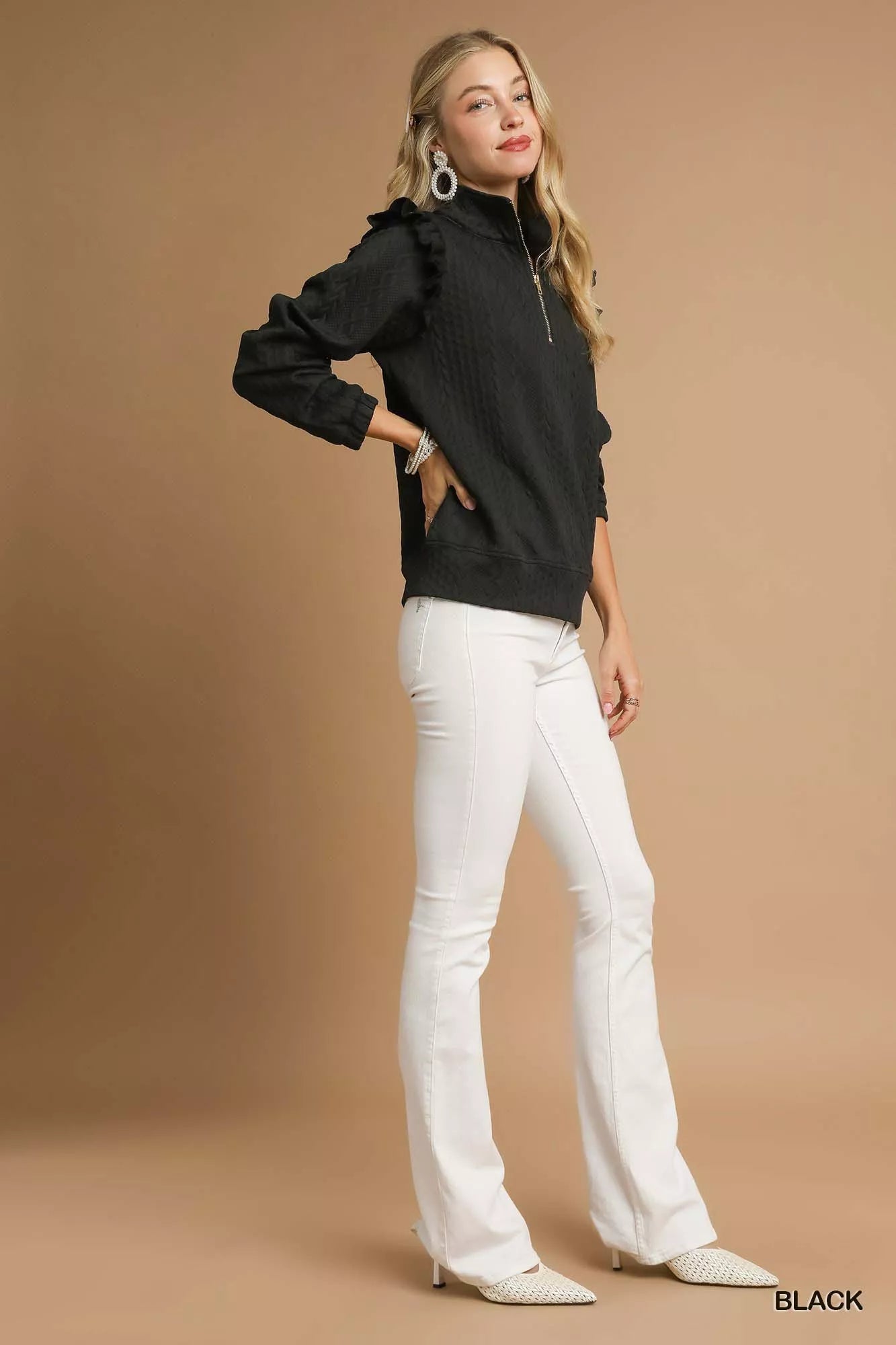 Cable Knit Textured Pullover with Ruffle Shoulders