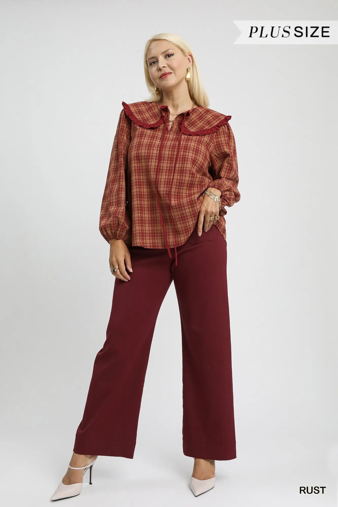 Full Size Plaid Ruffle Collar Blouse Plus Size