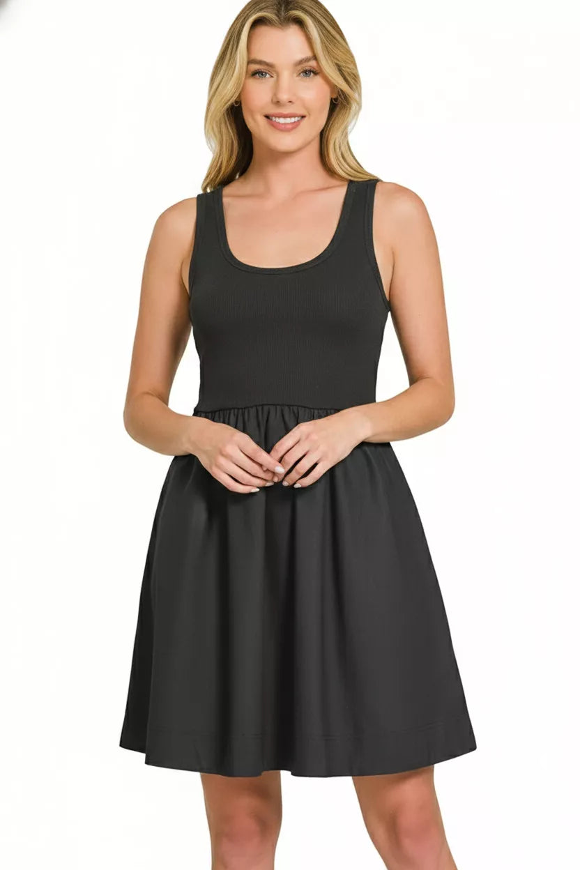 Combined Knit &amp; Woven Midi Dress