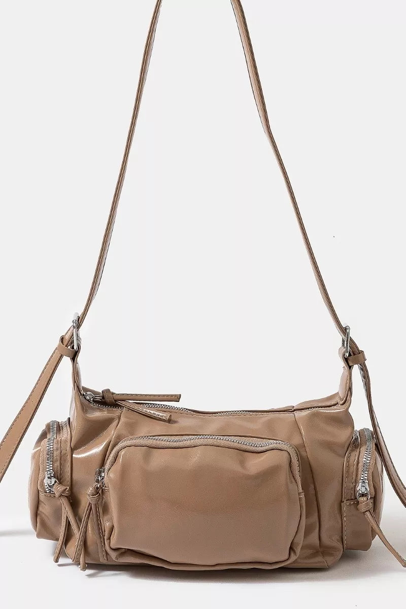 Glossy Faux Leather Multi Pocket Hand Bag