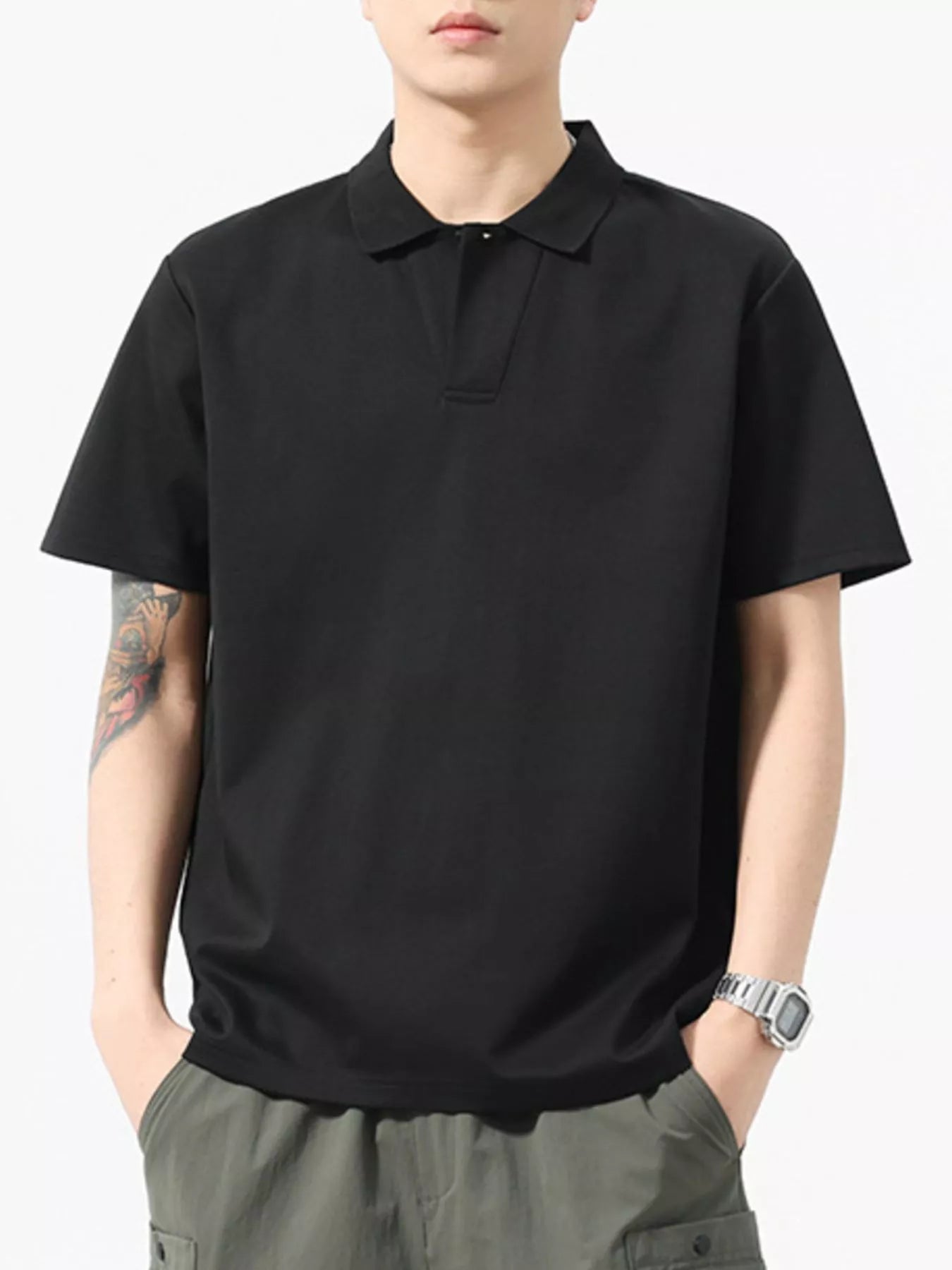 Men's Full Size Button Detail Short Sleeve Polo Plus Size