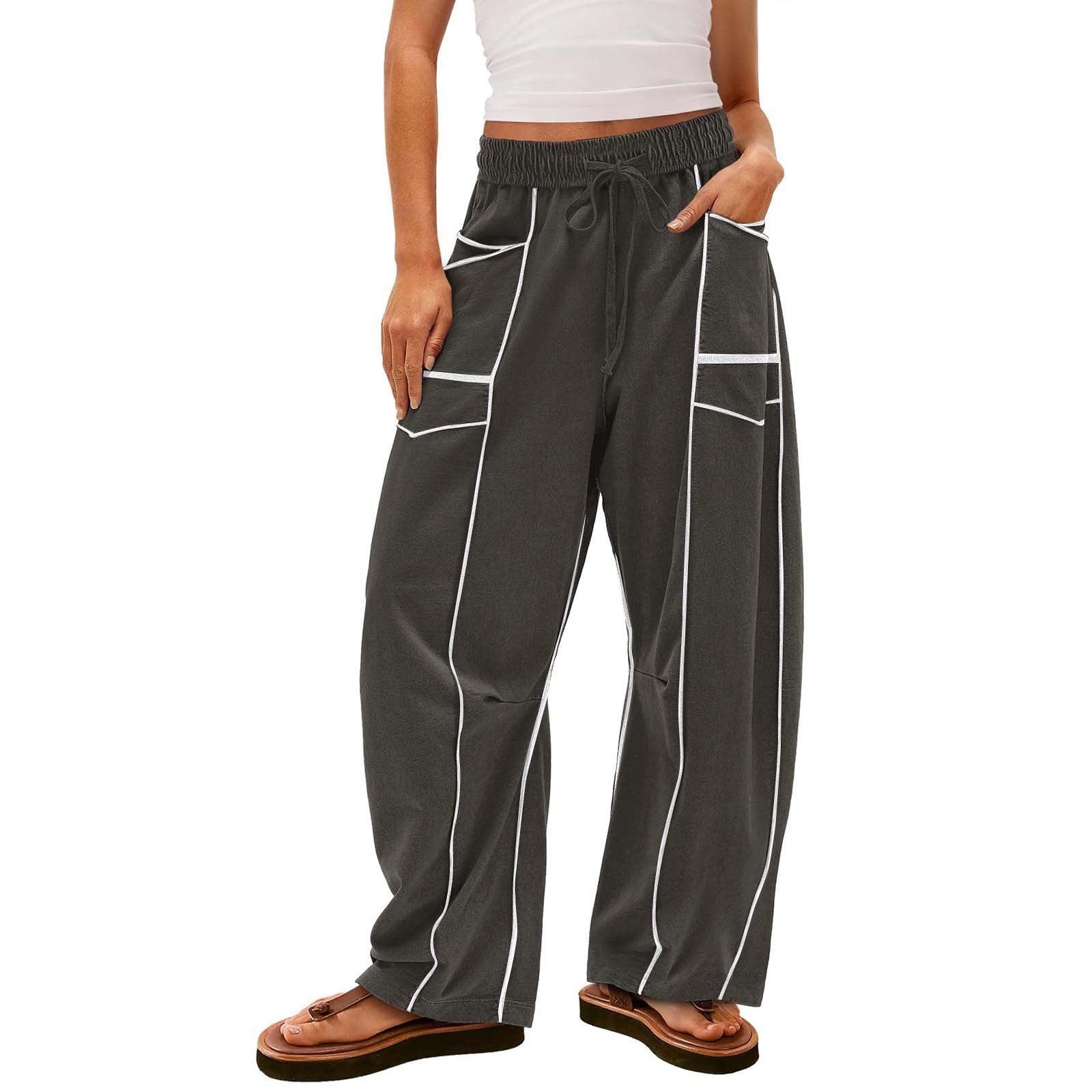 Y2K Black Striped Wide-leg Pants With Pockets Fashion Loose Drawstring Trousers Sports Sweatpants Women&