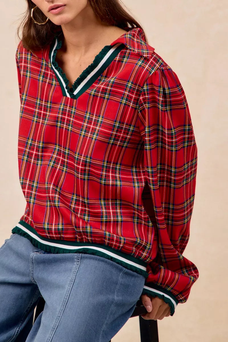 Christmas Plaid Collared Top with Ruffled Detail
