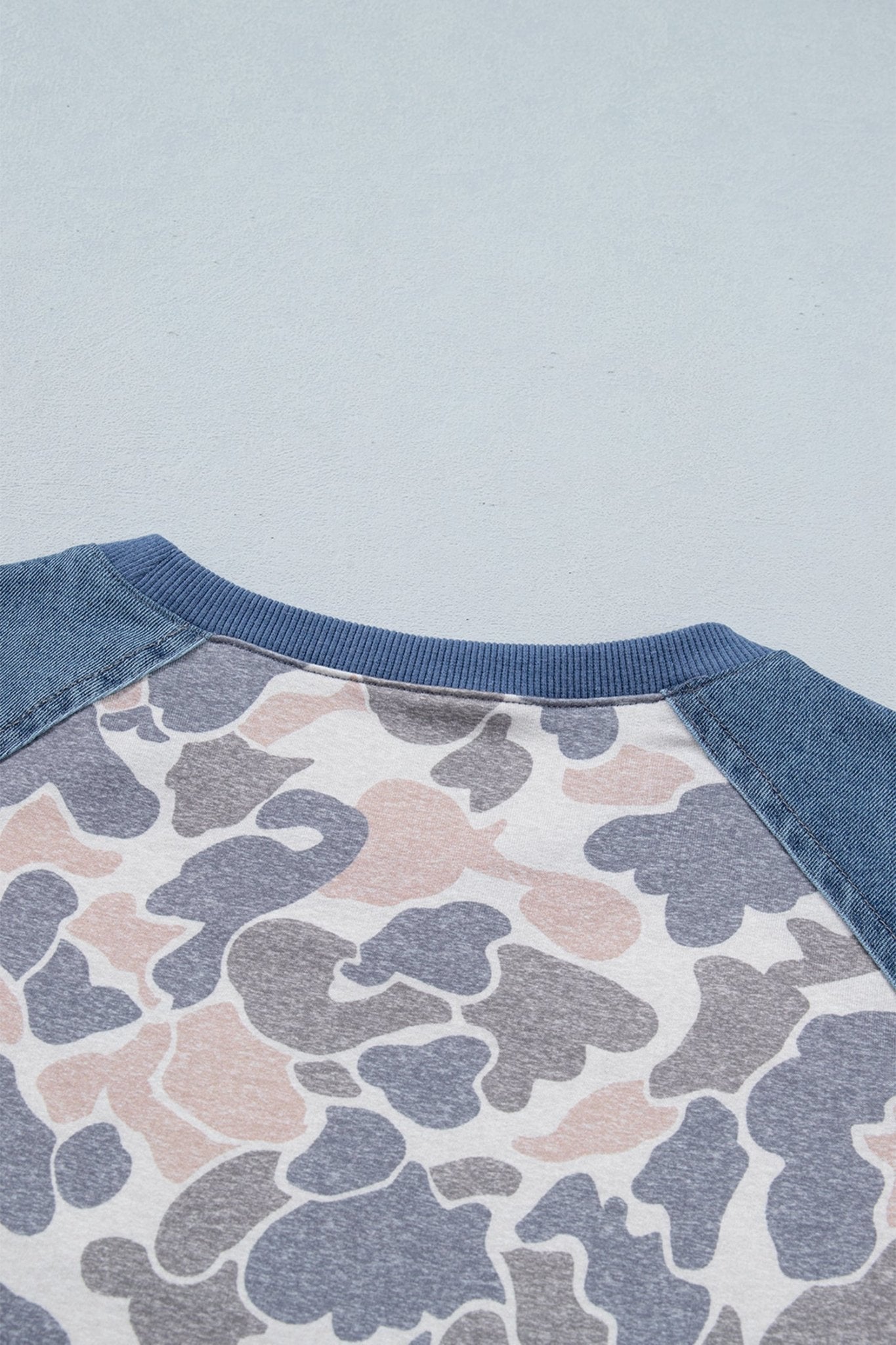 Multicolour Camouflage Print Denim Color Block Sleeve Casual Tee - Loving It Shop