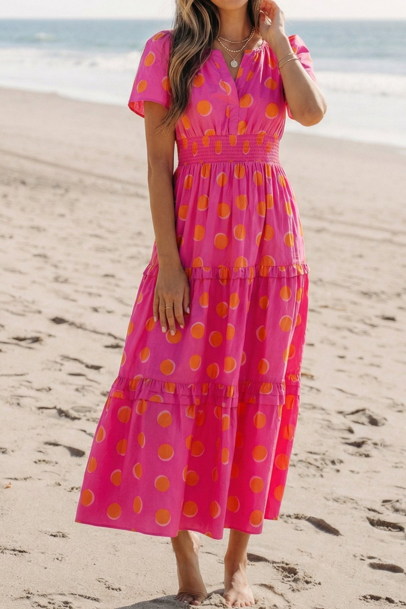 Rose Double Polka Dot Short Sleeve Shirred High Waist Midi Dress - Loving It Shop
