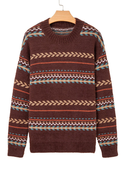 Brown Ethnic Pattern Mohair Knitted Drop Shoulder Sweater