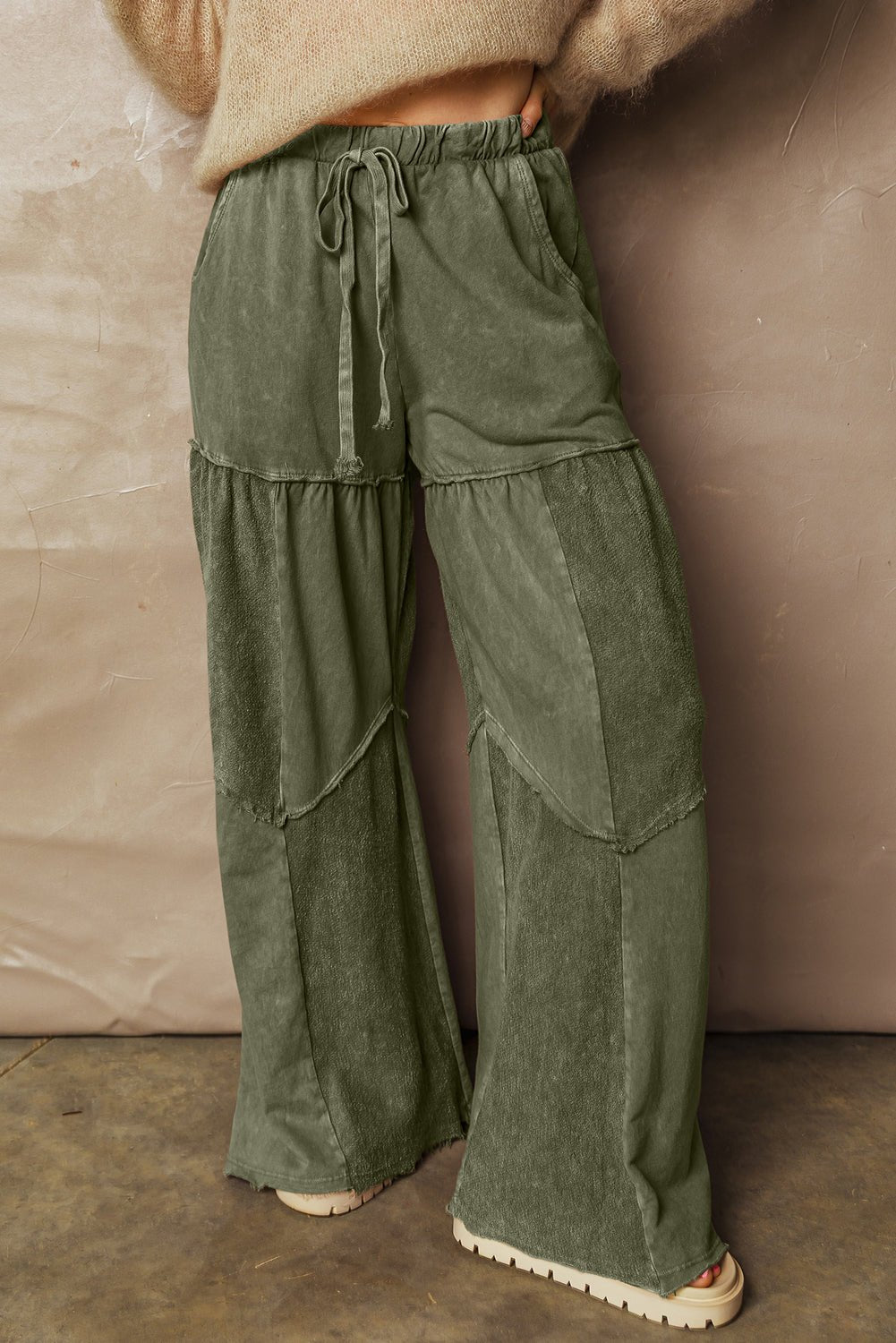 Vineyard Green Mineral Wash Tiered Wide Leg Patchwork Drawstring Pants - Loving It Shop