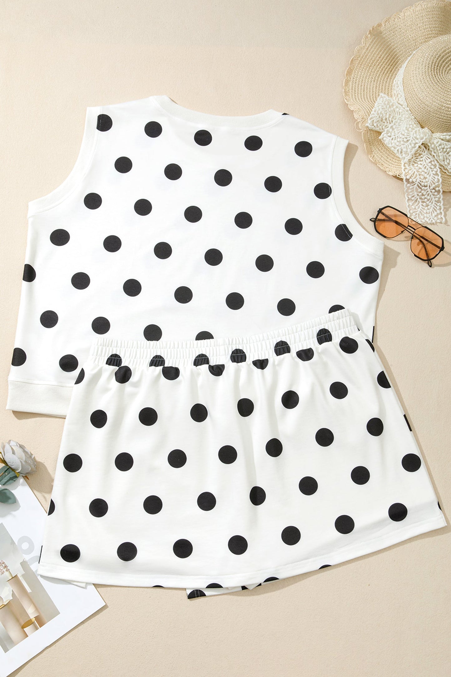 White Plus Size Polka Dot Printed Tank Split Skort 2pcs Outfit