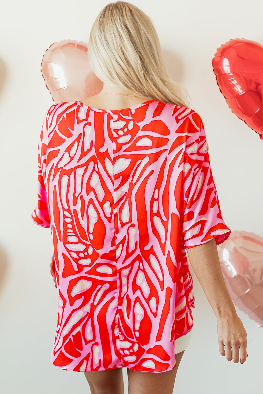Red Abstract Print V Neck Batwing Sleeve Oversized Blouse - Loving It Shop