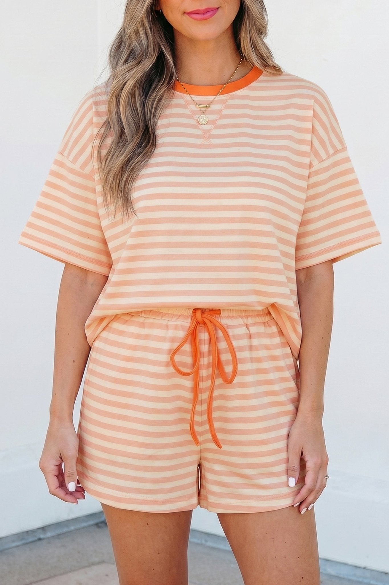 Pink Stripe Contrast Neck Loose Tee and Drawstring Shorts Set - Loving It Shop