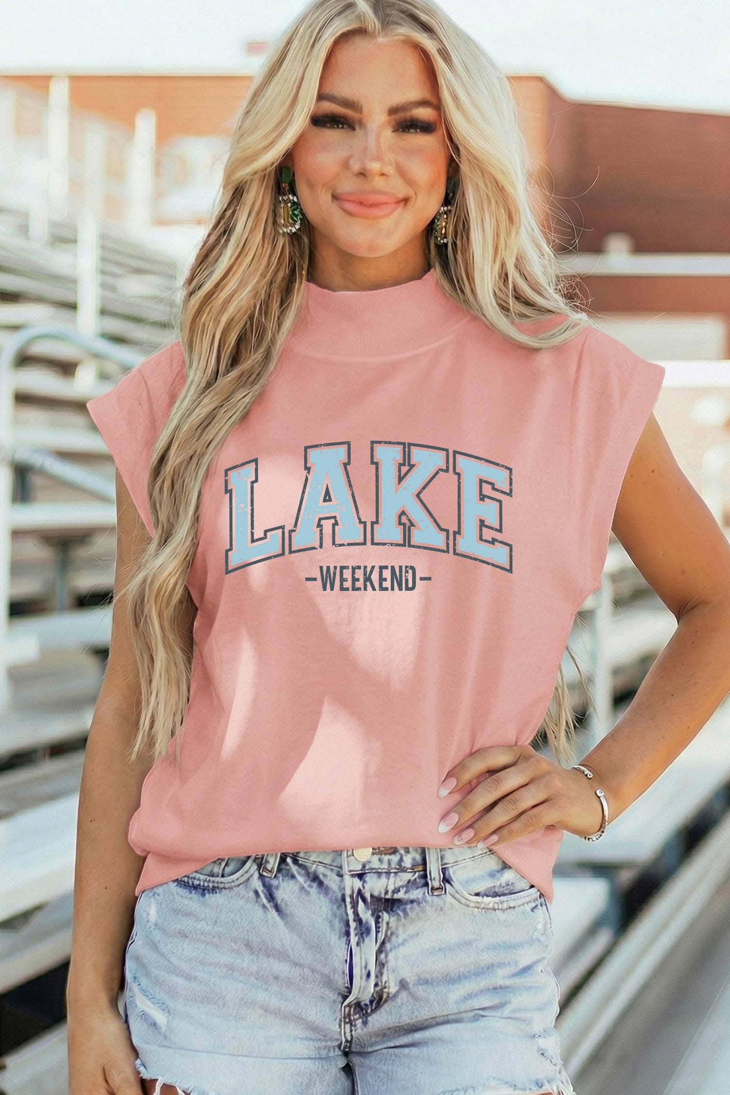 Pink Lake Weekend Graphic High Neck Short Sleeve Top - Loving It Shop