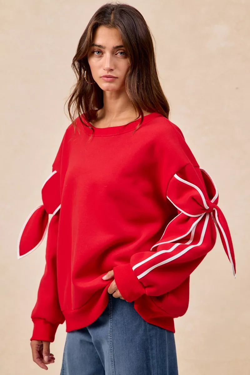 Bow Detail Sleeves Fleece Sweatshirt
