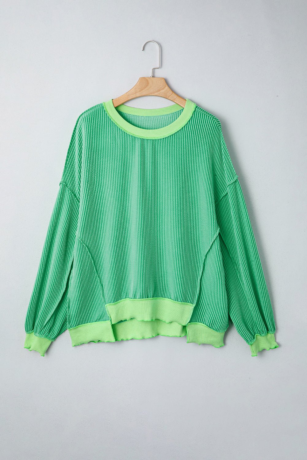 Bright Green Twisted Rib Uneven Hem Drop Shoulder Loose Knit Top - Loving It Shop