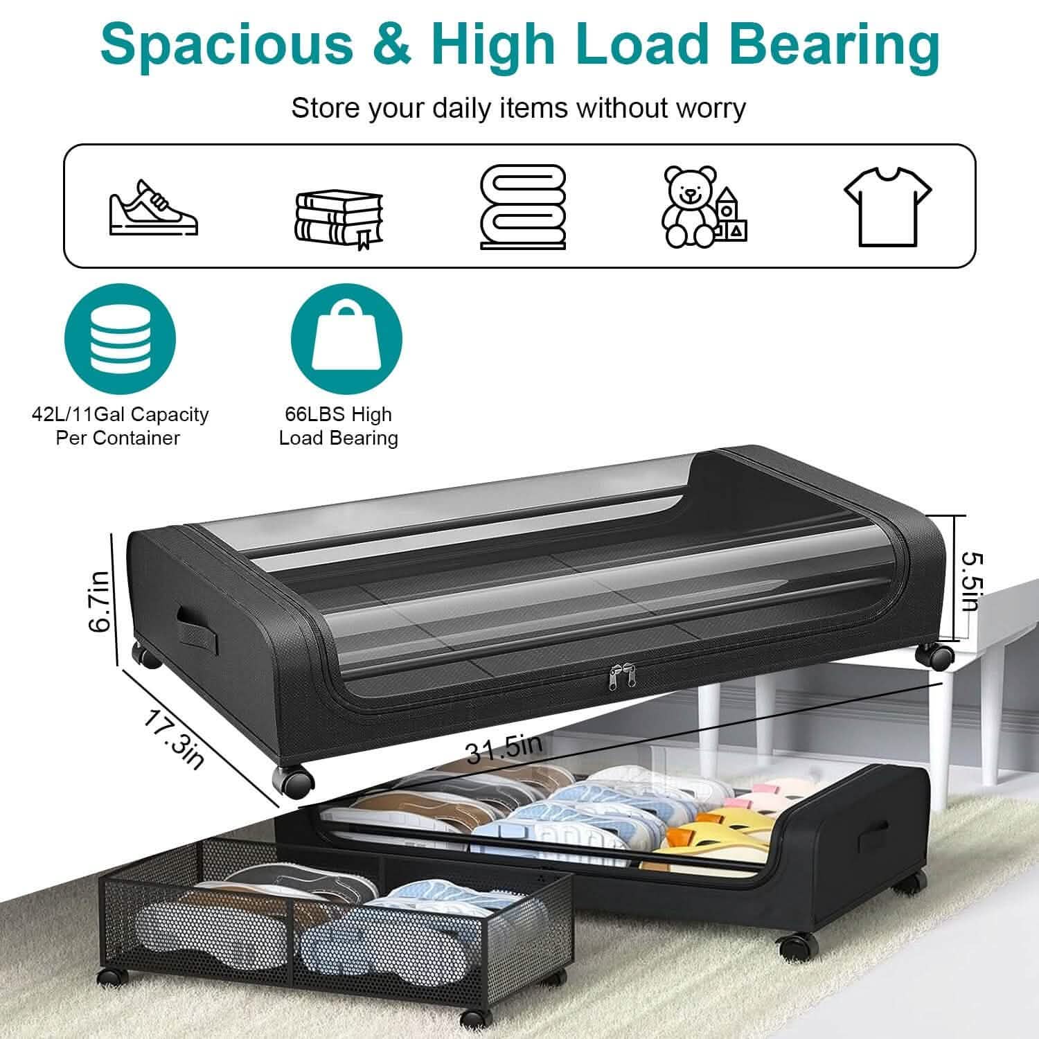 Under-Bed Storage Drawer with Wheels Multipurpose with Clear Window &amp; Label