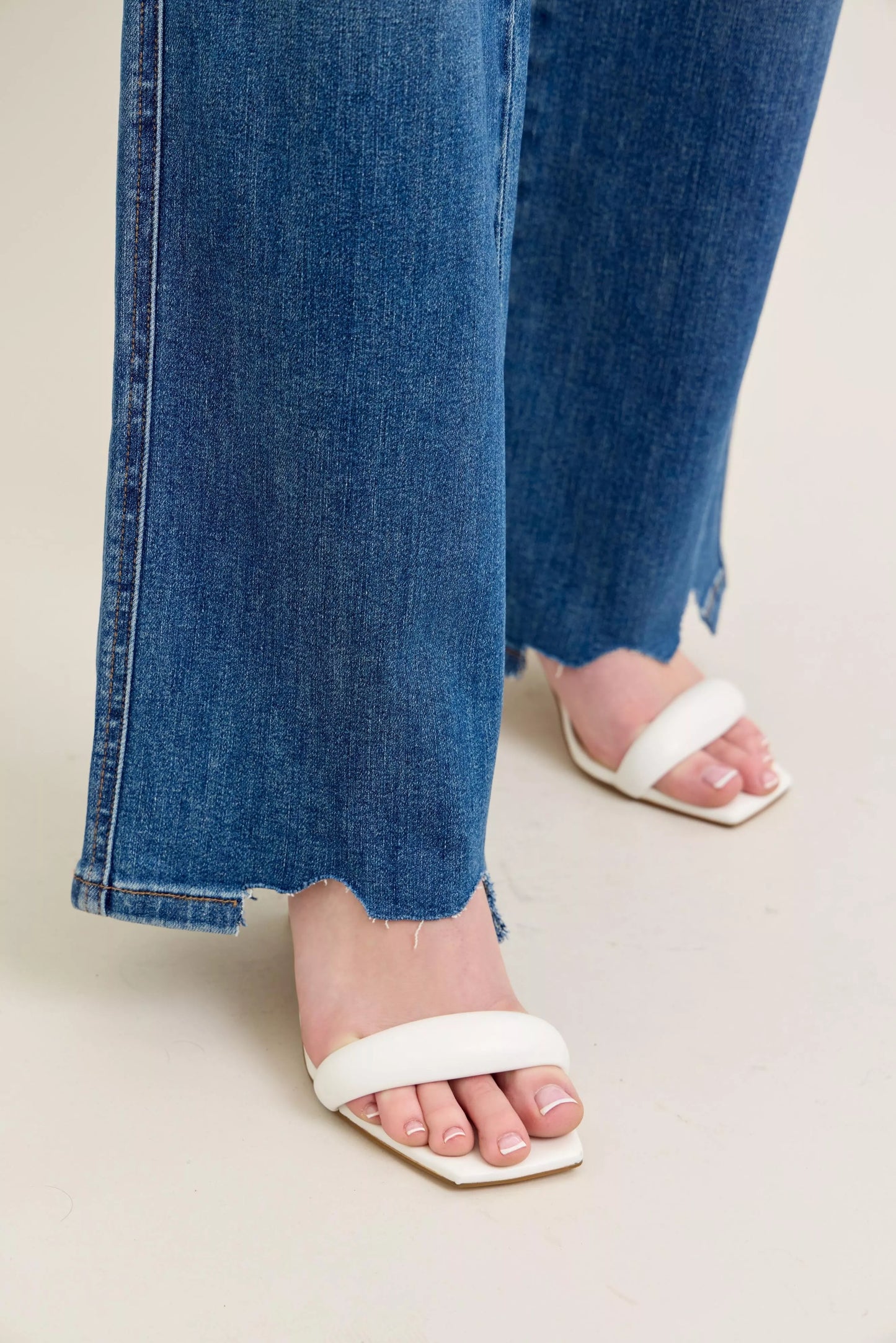 Full Size High Waist Tummy Control Chew Hem Destroy Wide Jeans Plus Size