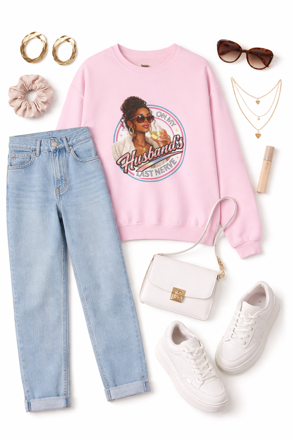 On My Husband's Last Nerve Crewneck Sweatshirt | Sassy Woman Retro Graphic