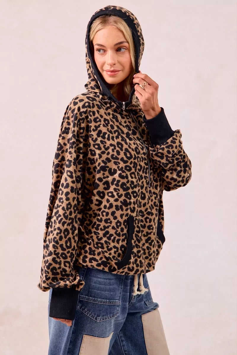 Leopard Print Waffle Half Zip Up Hoodie W Pocket