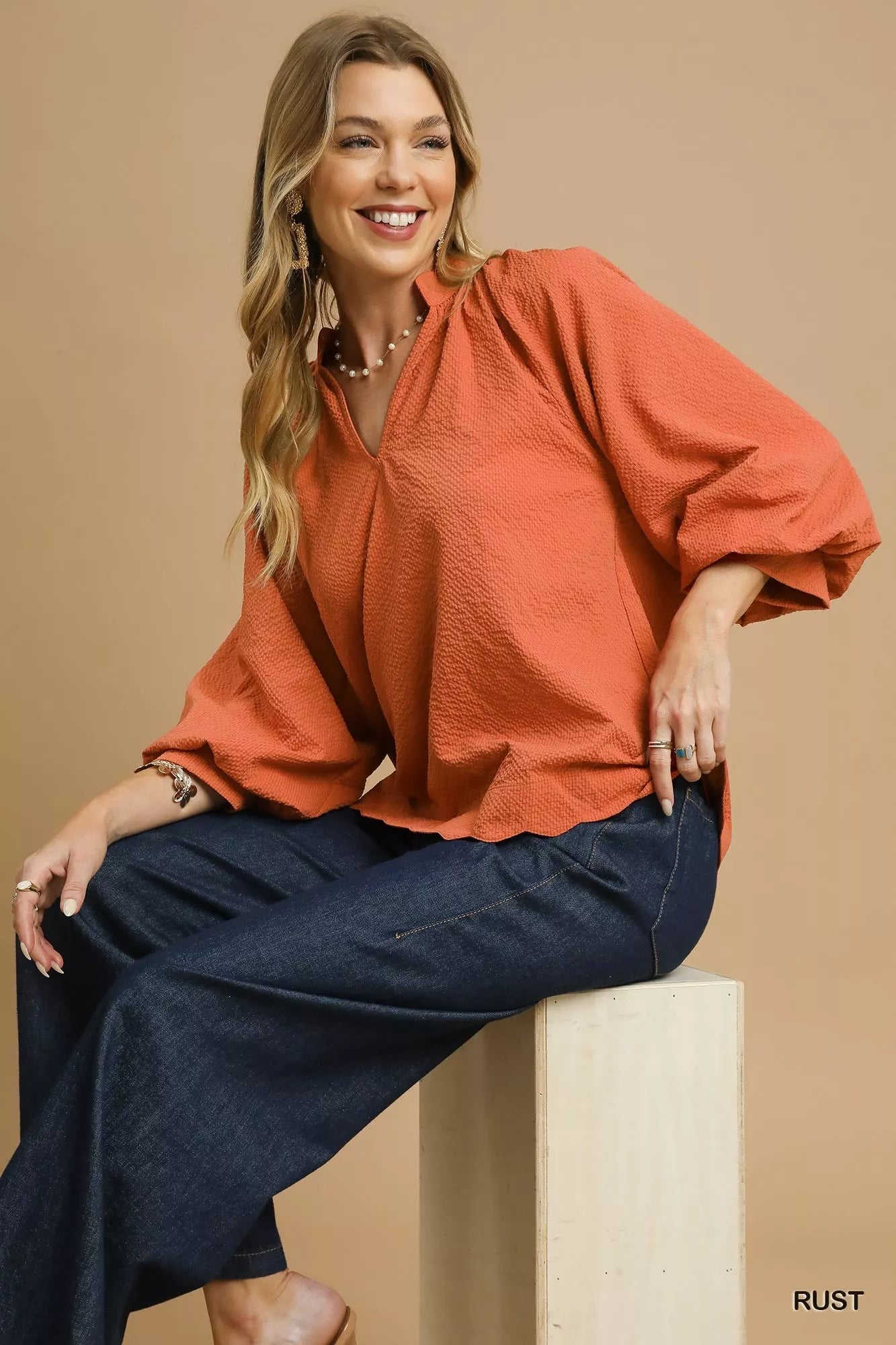Textured Notched Balloon Sleeve Blouse with Scalloped Hem