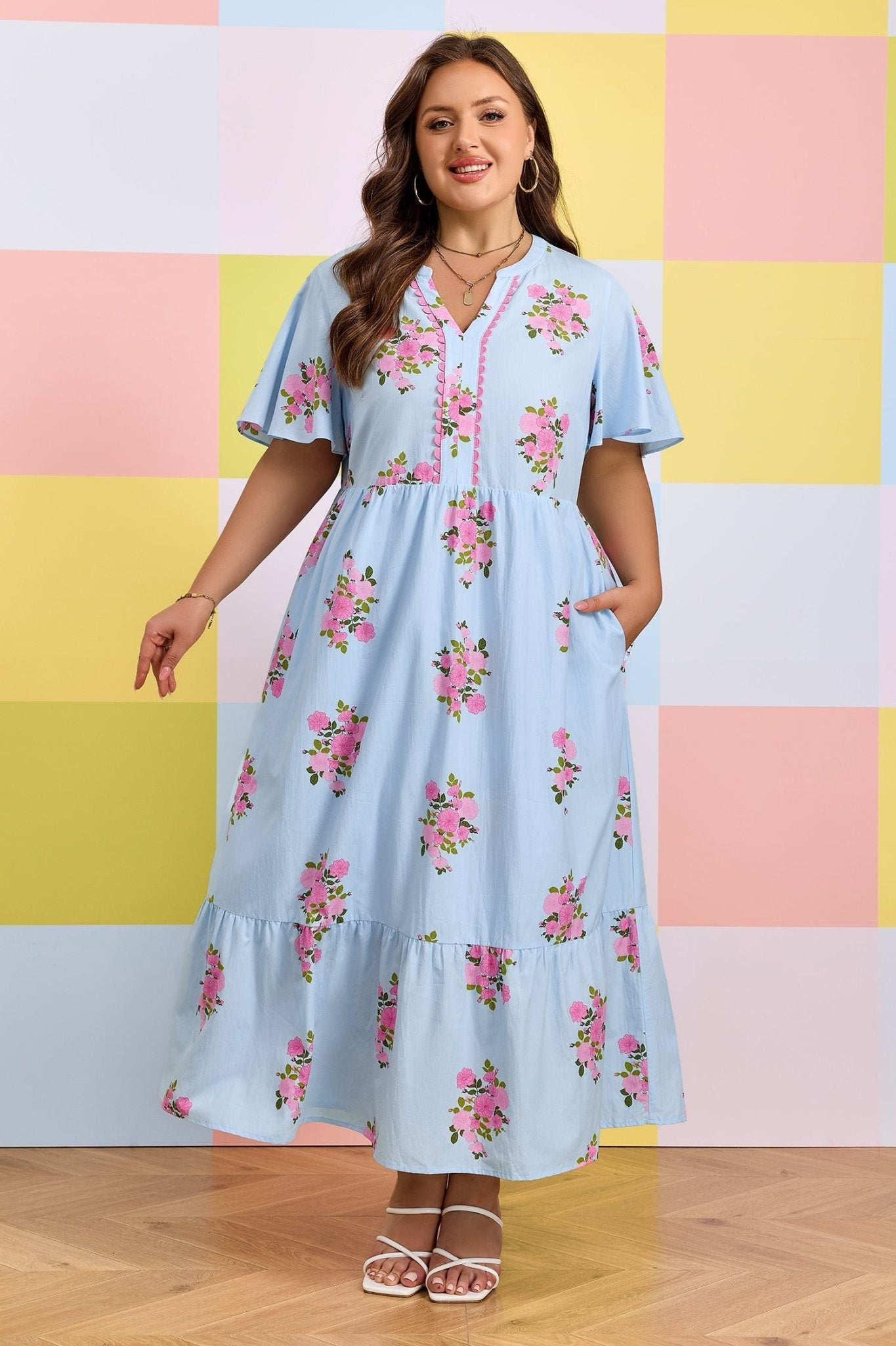 Sky Blue Plus Size Floral Print Scalloped Trim V - Neck Dress - Loving It Shop