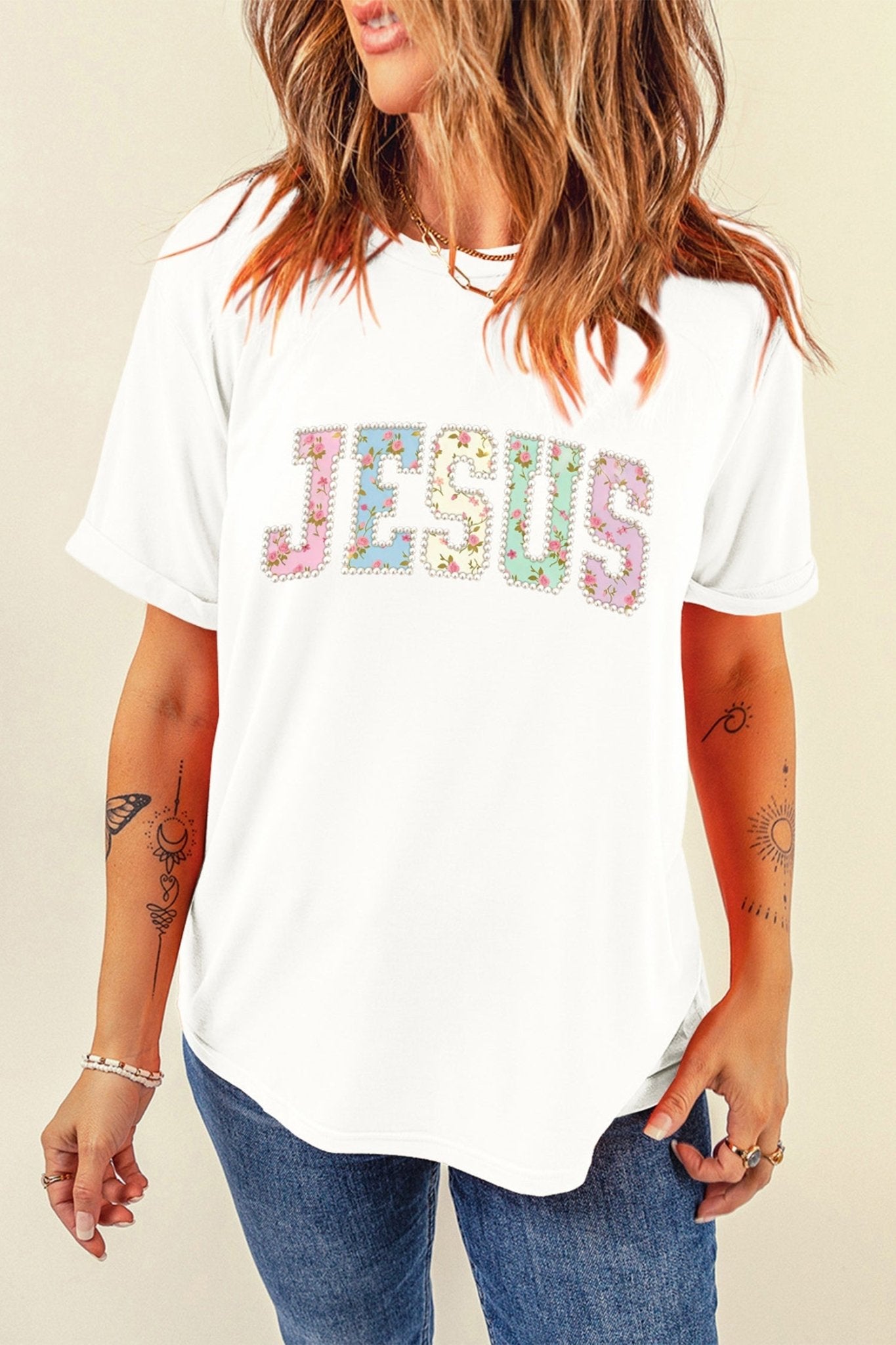 White JESUS Floral Pearl Printed Letter Graphic Tee - Loving It Shop