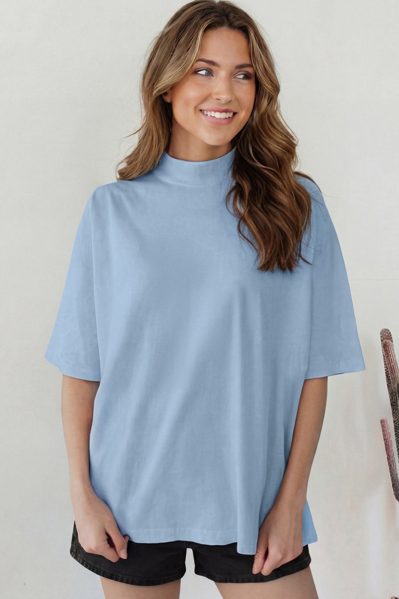 Beau Blue Solid Color High Neck Oversize Tee - Loving It Shop