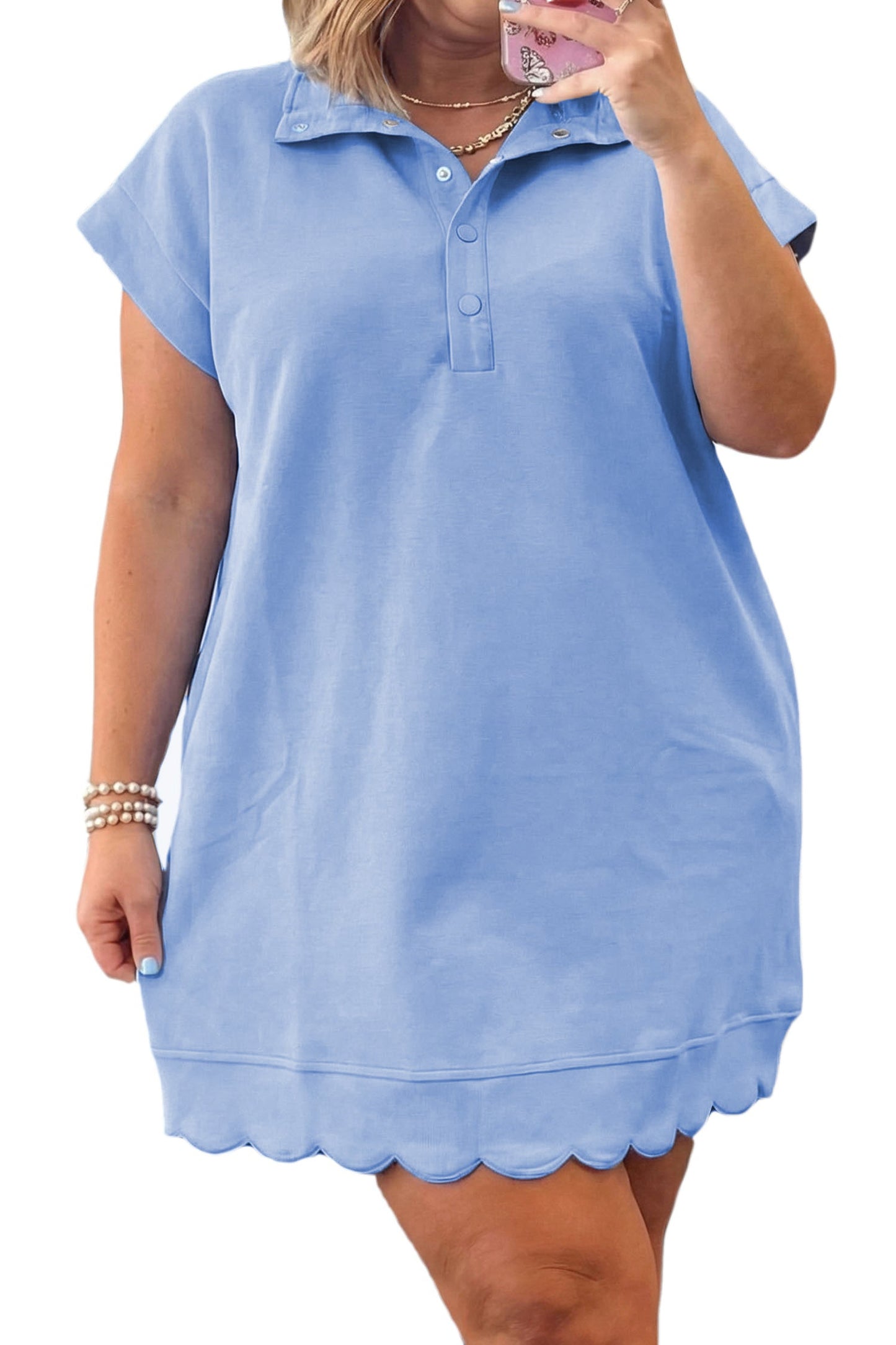 Beau Blue Plus Size Solid Scalloped Hem Button Neck Pullover Mini Dress - Loving It Shop